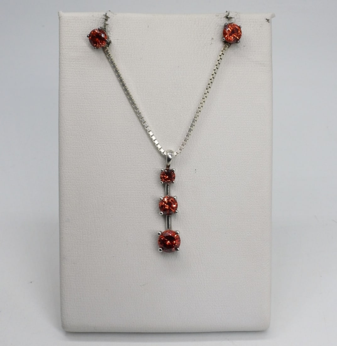 Red Orange CZ 925 Necklace & Earrings: Red orange cz gemstone sterling necklace (24") and matching pierced earrings. (4.8 dwt)