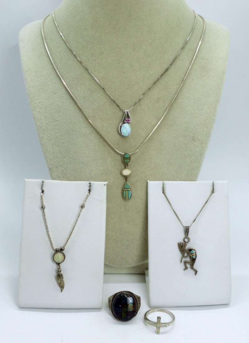 Opal & Turquoise Sterling Necklaces & Rings: Two rings, Mosaic Opal Triplet Ring, size 8. Opal Cross Ring, size 8. Four sterling necklaces with opals and turquoise. Chains are 16" & 18" long. (18 dwt)