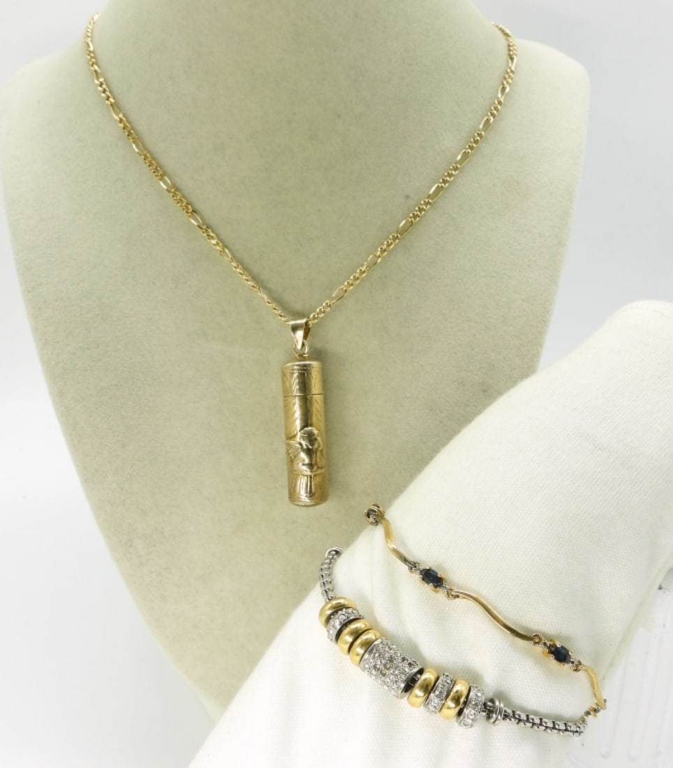 Gold Tone Sterling Bracelets and Necklace: Two gold tone sterling bracelets, 7-8" long. Sterling gold tone chain, 18" with a gold tone 925 angel pendant that opens (tested as sterling). (20.2 dwt)