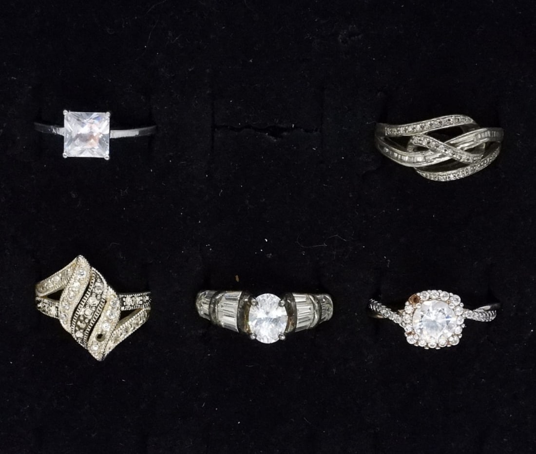 5 Bridal Style Sterling Rings: Five bridal style sterling rings, sizes 5.5-10 (11 dwt)