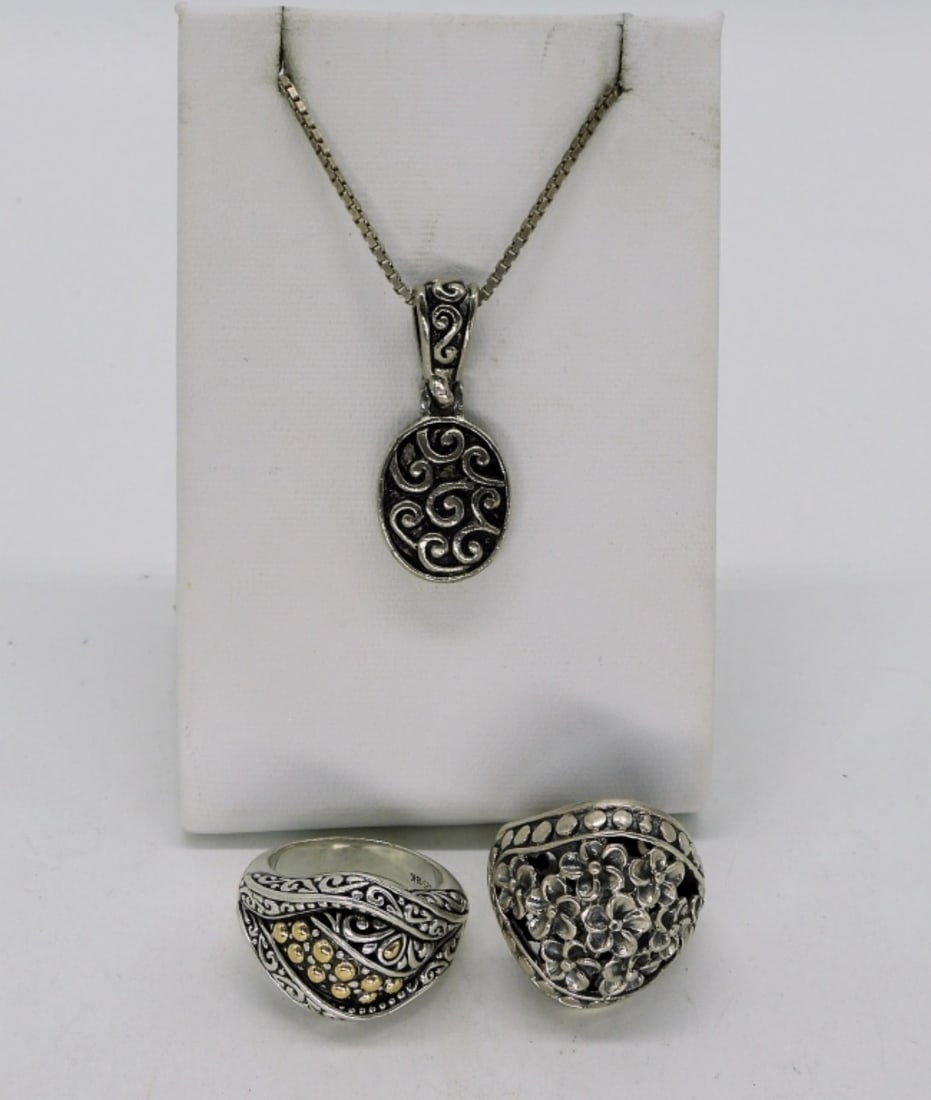 Cute Sterling Rings & Pendant: Two sterling rings, one with tags, sizes 6 & 7. Sterling necklace, 20" long. (20.6 dwt)