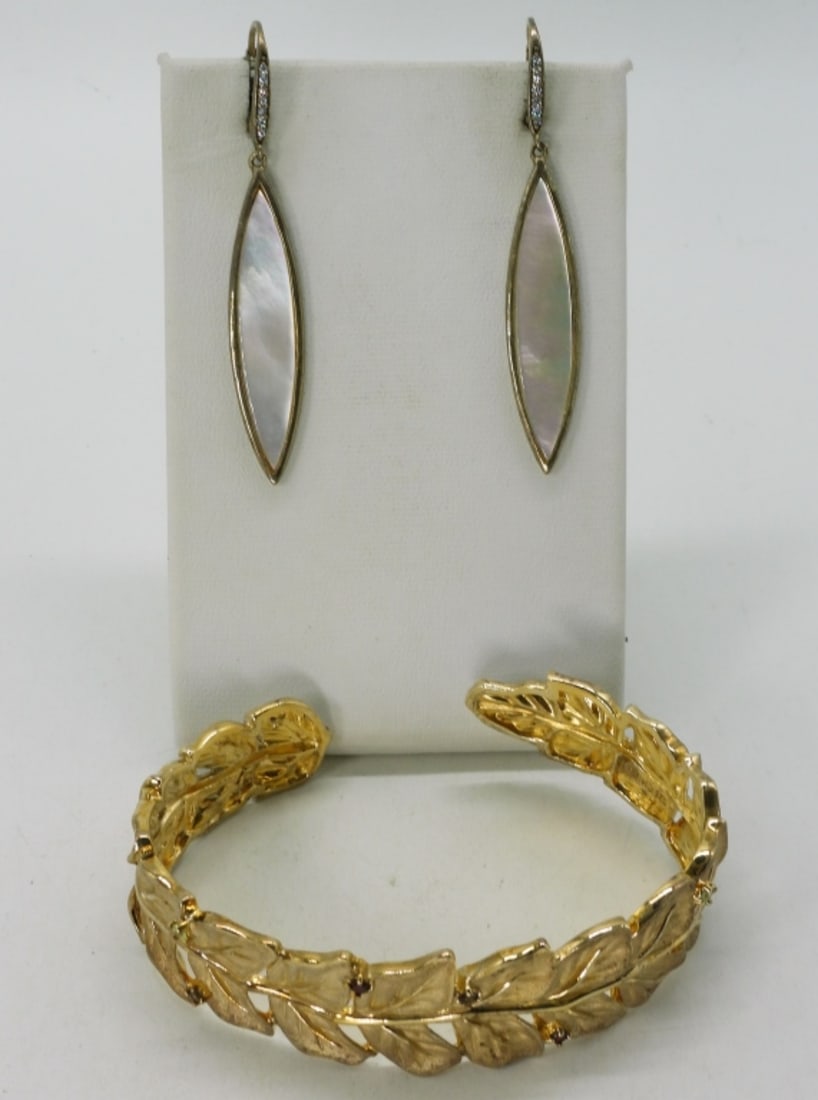 Gold Tone 925 Gemstone Cuff & Earrings: Gold tone sterling leaf design cuff bracelet with tiny various gemstones. Gold tone sterling, mother of pearl pierced earrings 2" long. (21.4 dwt)