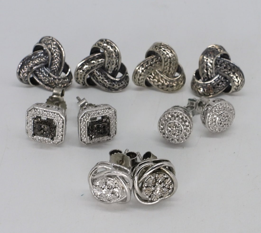 5 Pair Sterling Pierced Fashion Earrings: Five pair of sterling pierced fashion earrings. One pair has genuine tested diamonds. See photos (11.4 dwt)