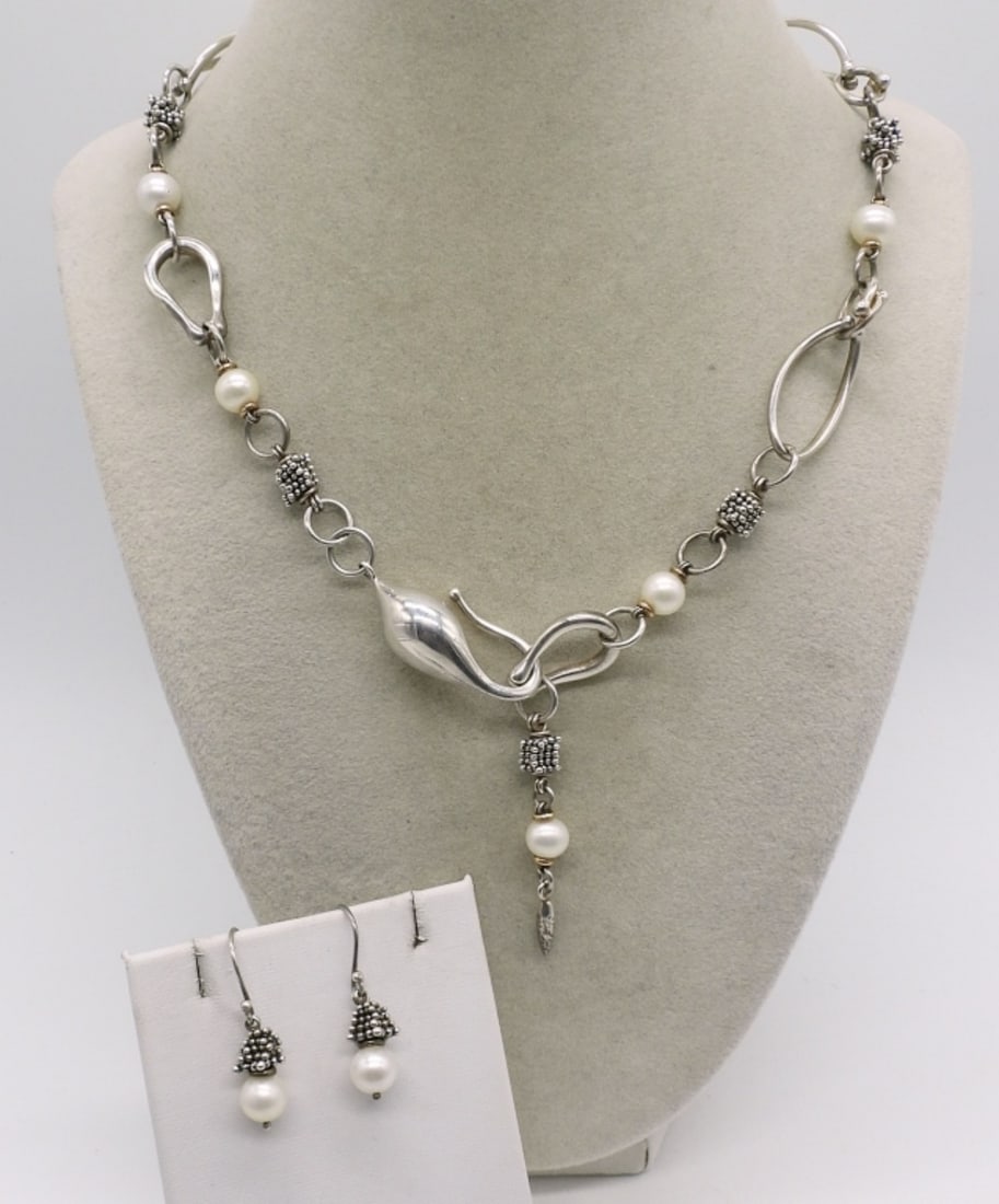 Michael Dawkins Sterling Pearl Set: Michael Dawkins brand, sterling and pearl necklace with matching pierced earrings. Necklace is 19" long and earrings hang 1 1/4" long. (27 dwt)