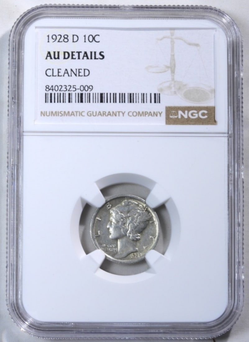 1928- D Mercury Dime, NGC AU Details: Cleaned