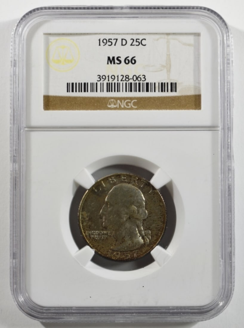 1957-D Washington Quarter, NGC MS-66: Follow us on Facebook, Instagram, X, and TikTok.