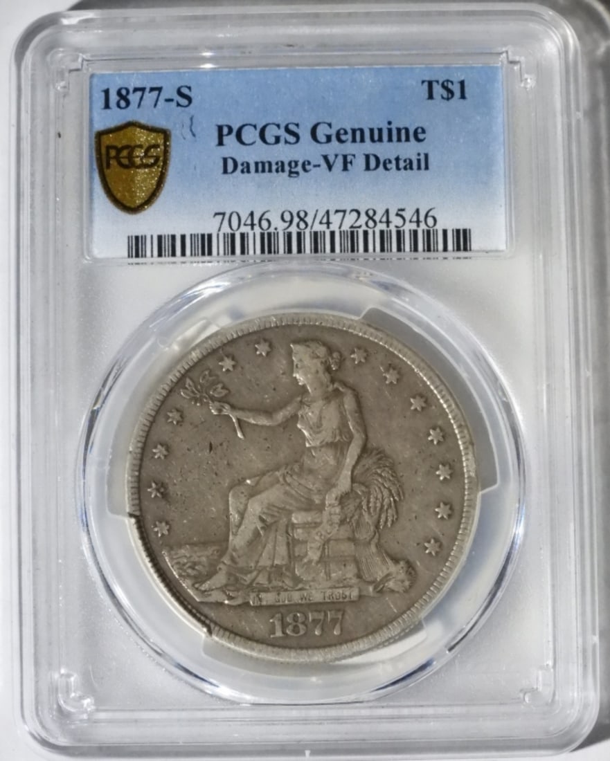 1877-S Trade $1, PCGS Genuine, VF Detail: Genuine Damage
