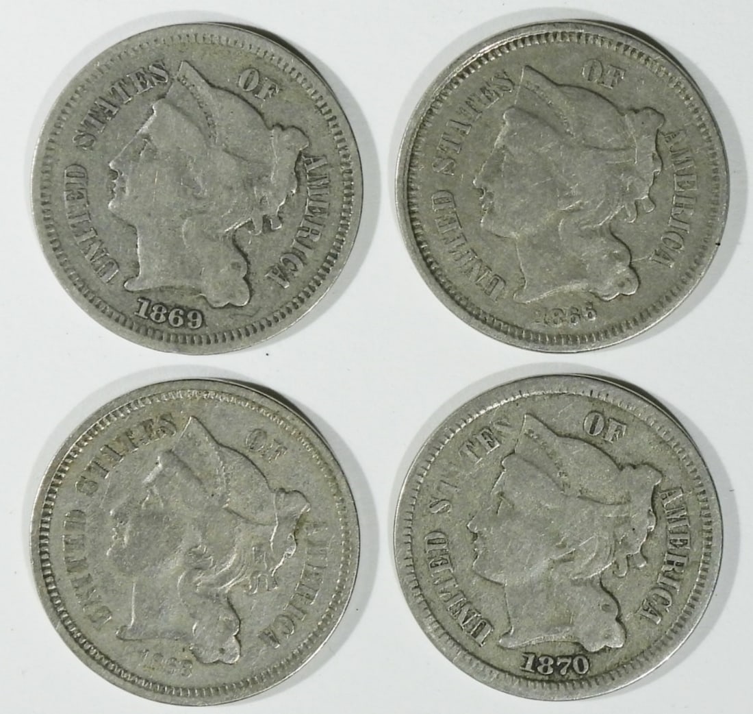 (4) Average Circ 3 Cent Nickels (1 of 2)