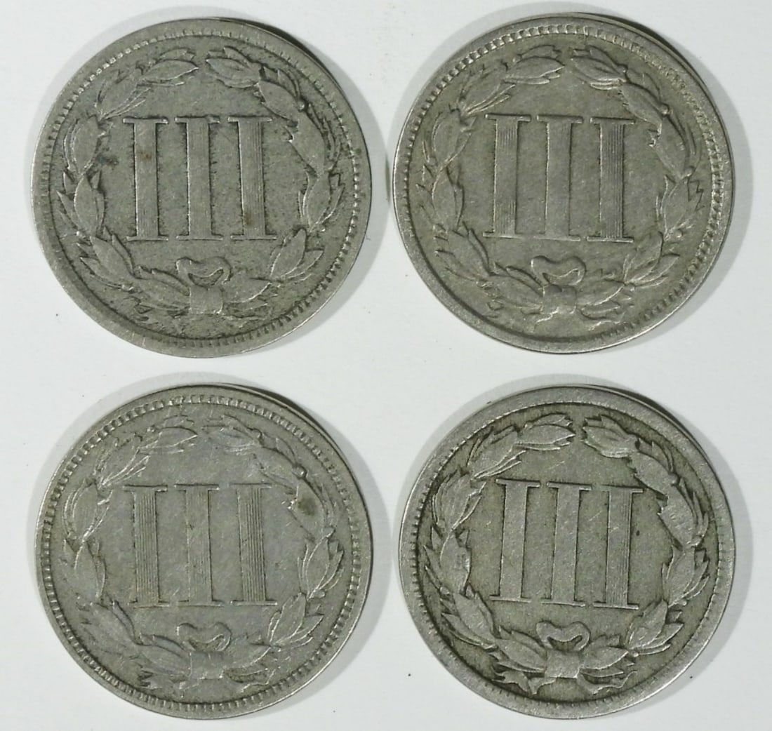 (4) Average Circ 3 Cent Nickels - 2