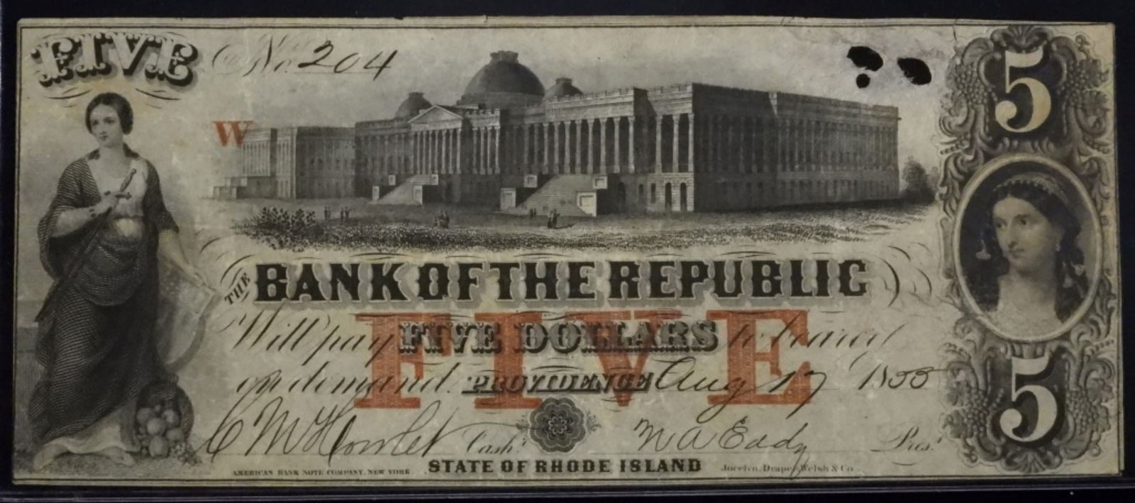 1833 $5 Bank Of The Republic: Providence Rhode Island, has three small holes in the top