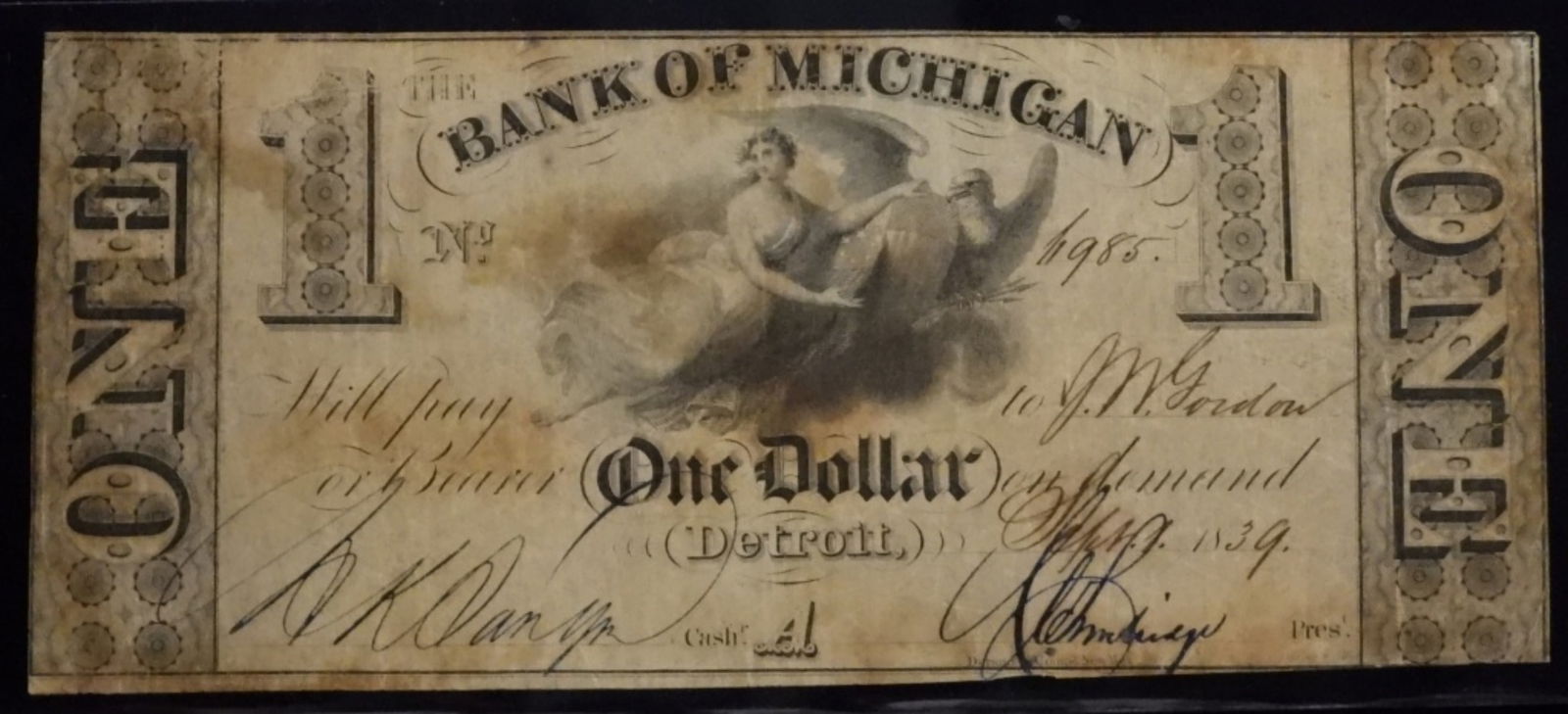 1839 $1 Bank Of Michigan Obsolete Note (1 of 2)