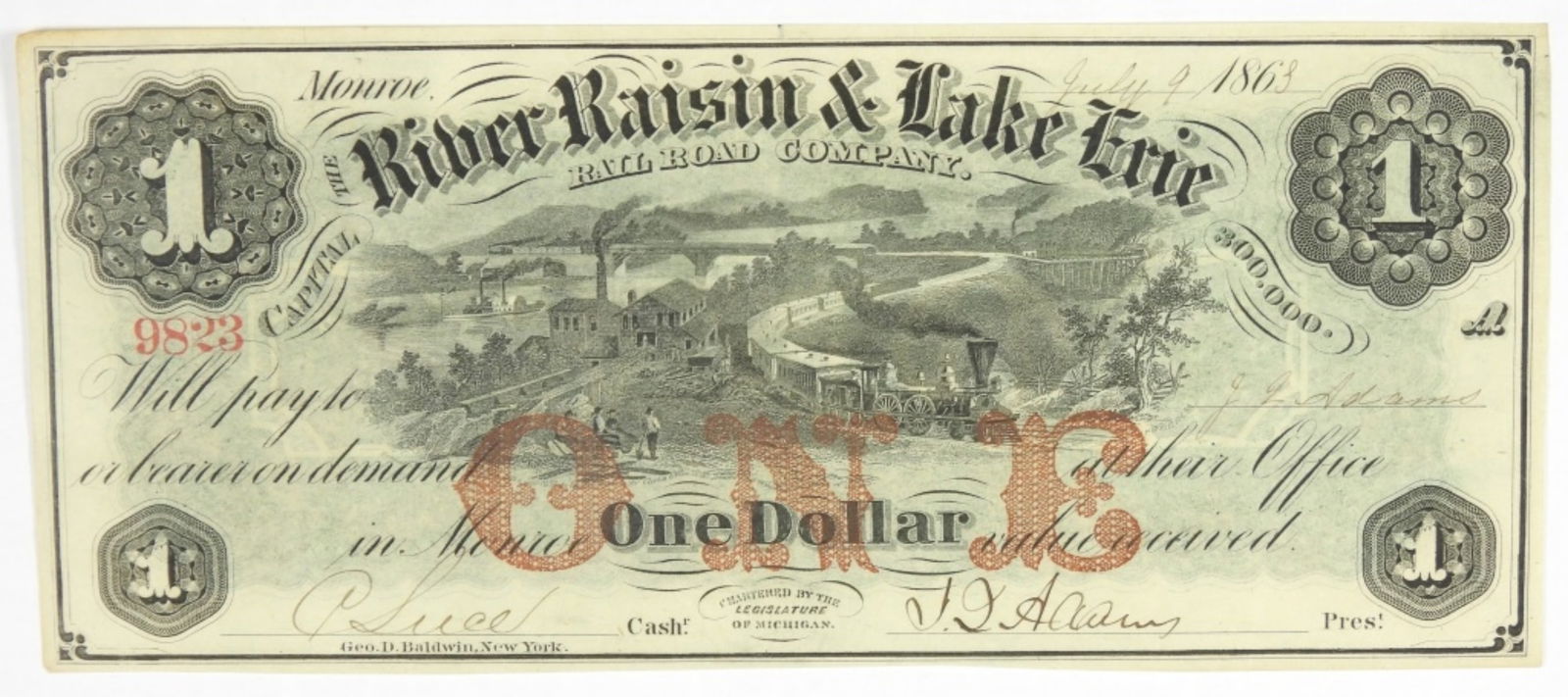 1868 $1 Obsolete Note River Raisin & Lake Erie (1 of 2)