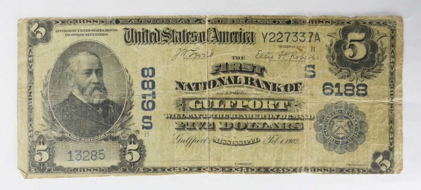 1902 $5 Gulfport, MS- National Currency: Charter 6188