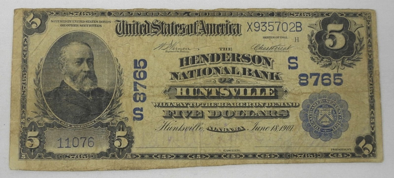 Series 1902 $5 Henderson Natl Bank Of Huntsville: The Henderson National Bank of Huntsville Alabama, plain back - charter #8765, large size note
