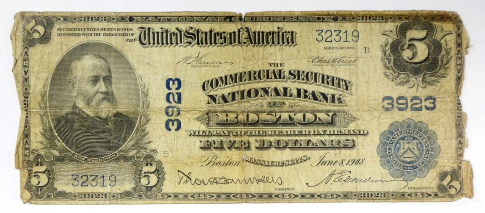 Series 1902 $5 National Bank of Boston: National Currency. june 8, 1908