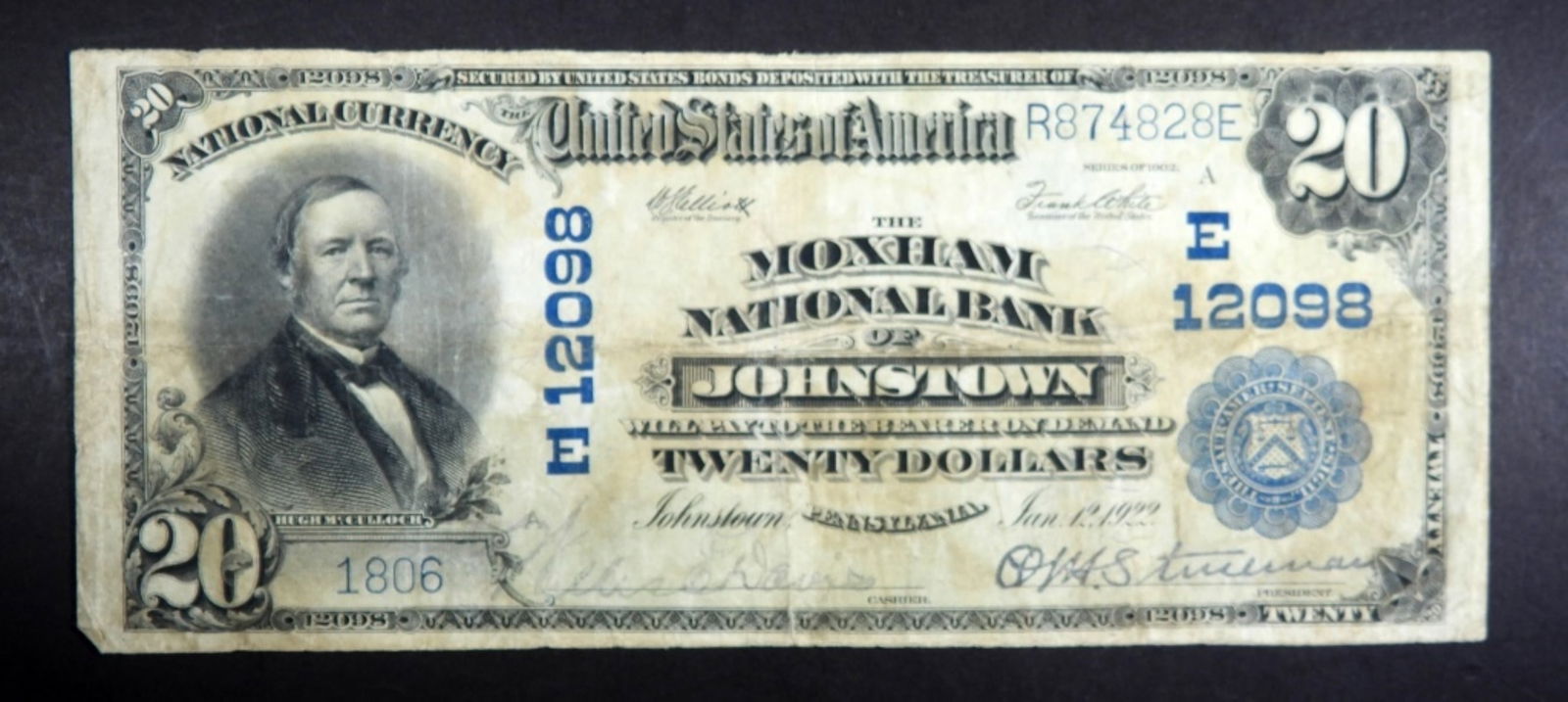 $20 National Currency Johnstown PA: Large size note 1922