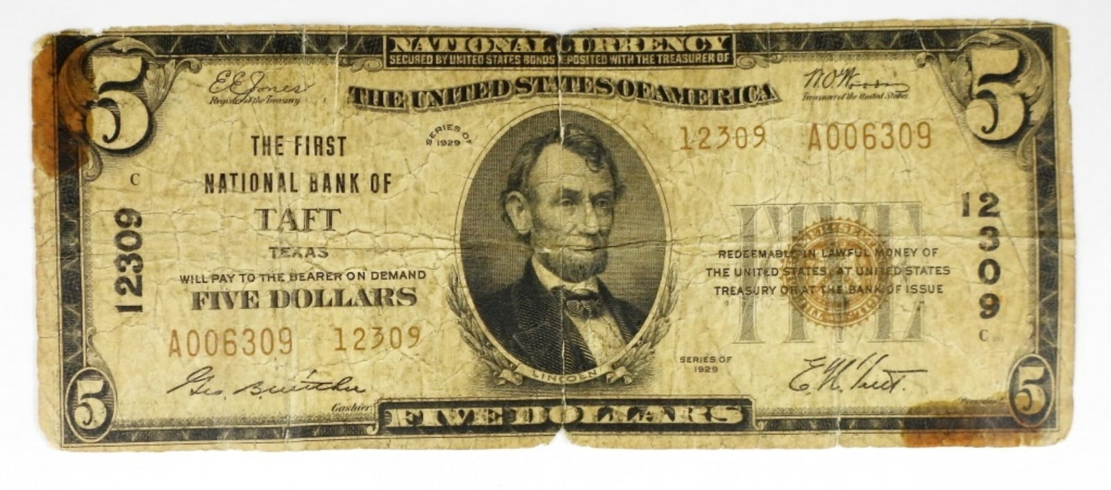 1929 $5 National Note Charter 12309: Taft TX