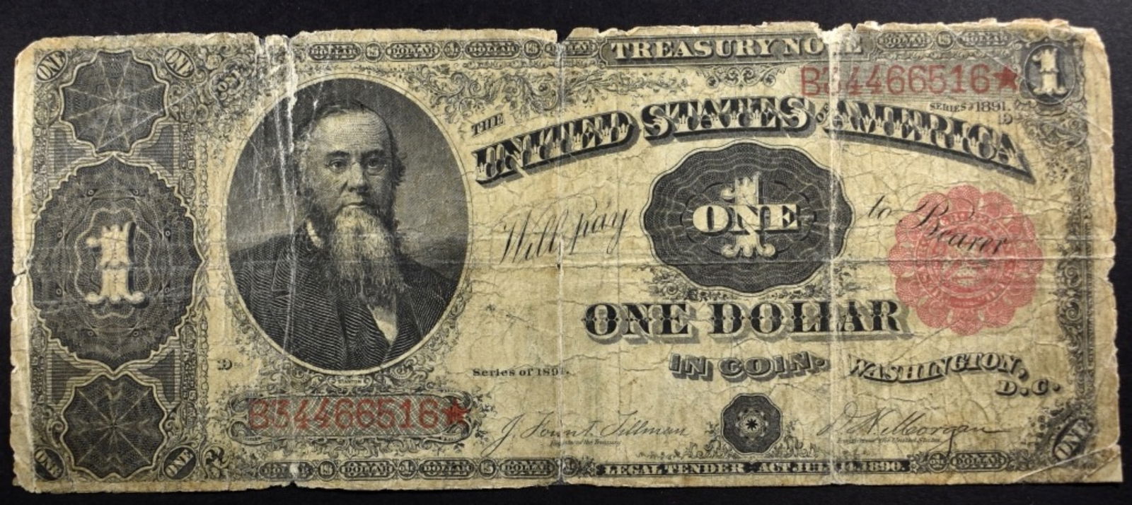 1891 $1 Treasury Star Note, SN B34466516* (1 of 2)