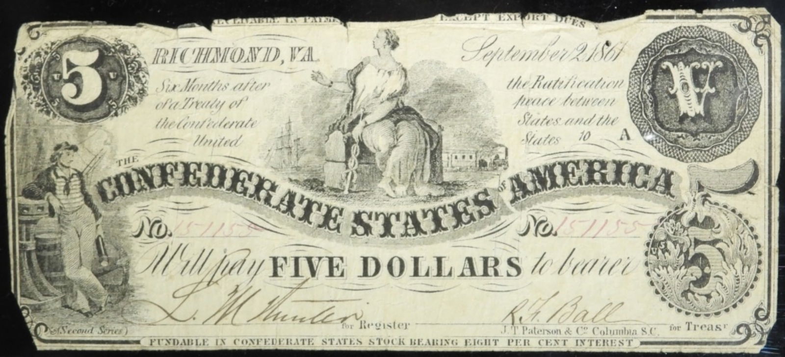 1861 $5 Confederate Note (1 of 2)