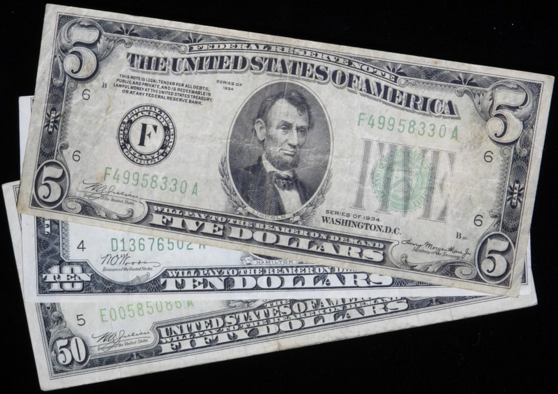 (3) Fed Reserve Notes- $5, $10, and $50: Bid with Vintage Auctions