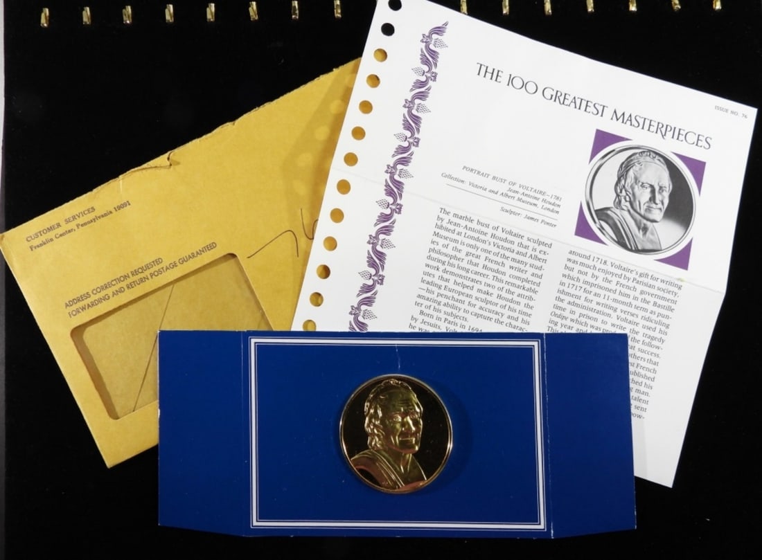 Franklin Mint Bust Of Voltaire: 2 ozt Art Round-The 100 Greatest Masterpieces With Original Envelope