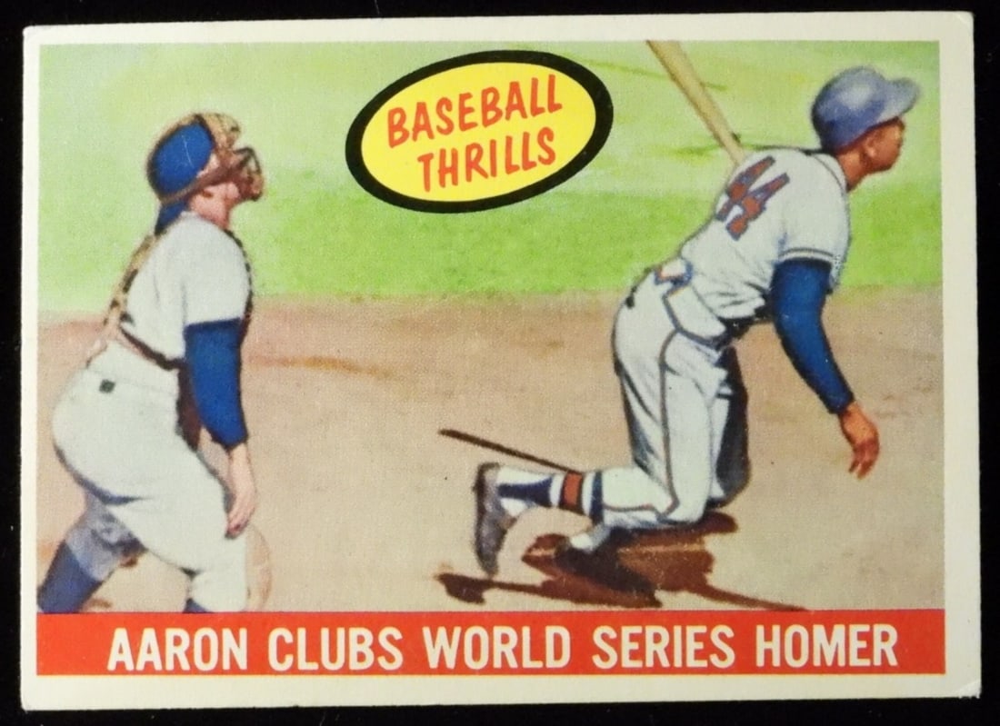 1959 TOPPS #467 Hank Aaron Baseball Thrills: G/VG has rounded corners and is off-center. #467 Aaron Clubs World Series Homer
