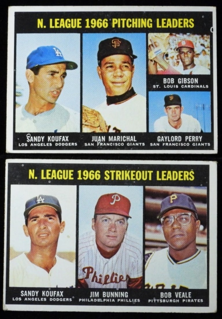 (2)TOPPS '66 National League Leaders #236,238: Both are in good condition with creases and rounded corners, and color fading. #236 League 1966 Pitching Leaders (Sandy Koufax, Juan Marichal, Bob Gibson, Gaylord Perry), #238 N. League 1966 Strikeout