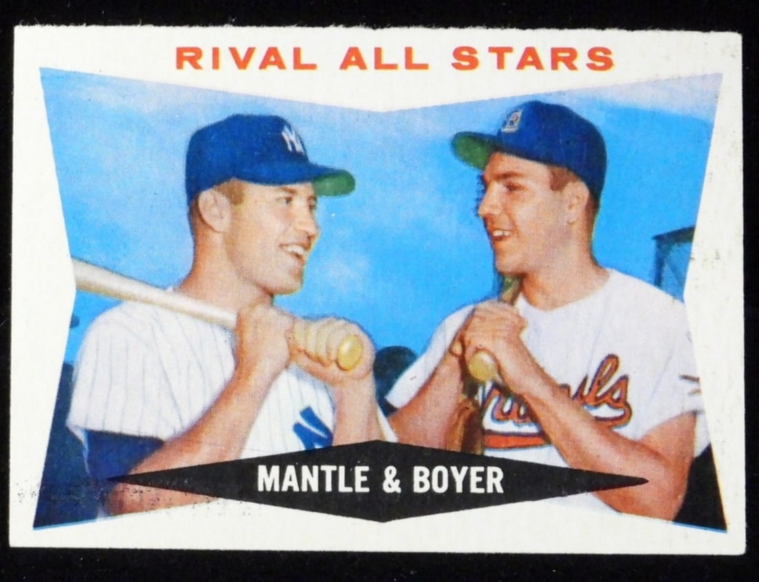 TOPPS #160 Rival Stars Mantle & Boyer 1960: Is in fair/good condition, with the top of the card looking like it's been trimmed. And ink marks along the card.