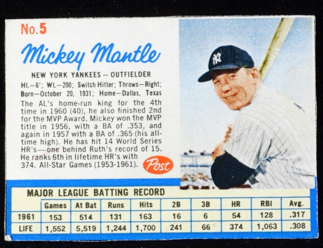 Mickey Mantle Post Cereal No. 5 1962 (1 of 2)