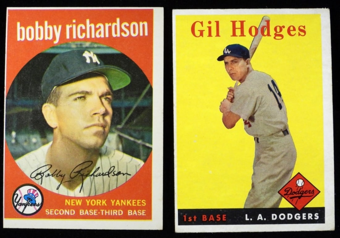 TOPPS Gil Hodges & Bobby Richardson Cards: 1-1958 Gil Hodges #162 TOPPS, 1- 1959 Bobby Richardson #76. Both in G/VG condition, with Gil Hodges card does have creasing on the corner and some rounded corners.