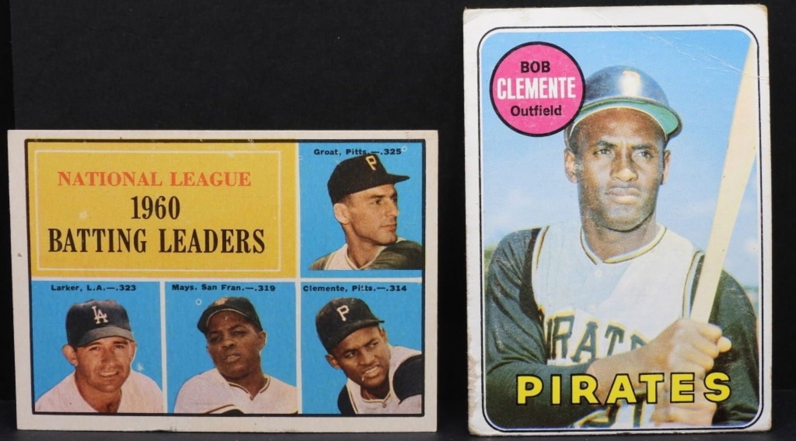 (2) TOPPS Baseball Cards Poor-G: 1) 1960 Batting Leaders TOPPS #41 (slight discoloration) G. 2) Bob Clemente TOPPS #50 (discoloration along the edge, as well as a bend.) Poor-G