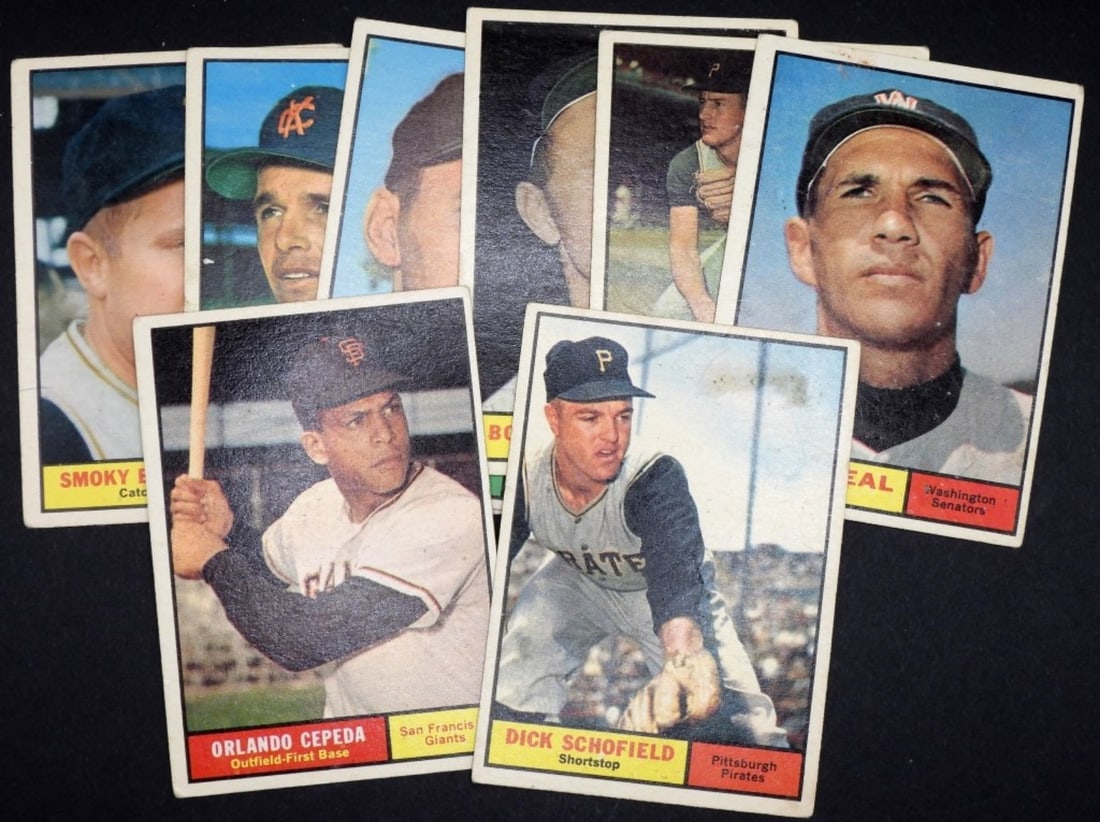 (8) 1961 TOPPS Baseball Cards G-VG: 1) #462 Lou Klimchock VG. 2) #461 Smoky Burgess VG. 3) #453 Dick Schofield G. 4) #435 Orlando Cepeda VG. 5) #432 Coot Veal G. 6) #400 Vern Law VG. 7) #379 Bobby Shantz G. 8) #357 Daryl Spencer G.
