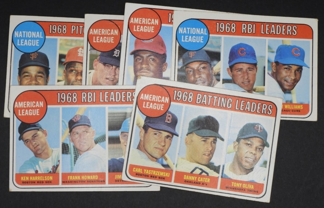 (6) 1960s Leader Cards TOPPS: #1 Batting Leaders 2) #3 R.B.I Leaders 3) # 4 R.B.I Leaders 4) #7 E.R.A Leaders 5) #9 Pitching Leaders 6) #10 Pitching Leaders