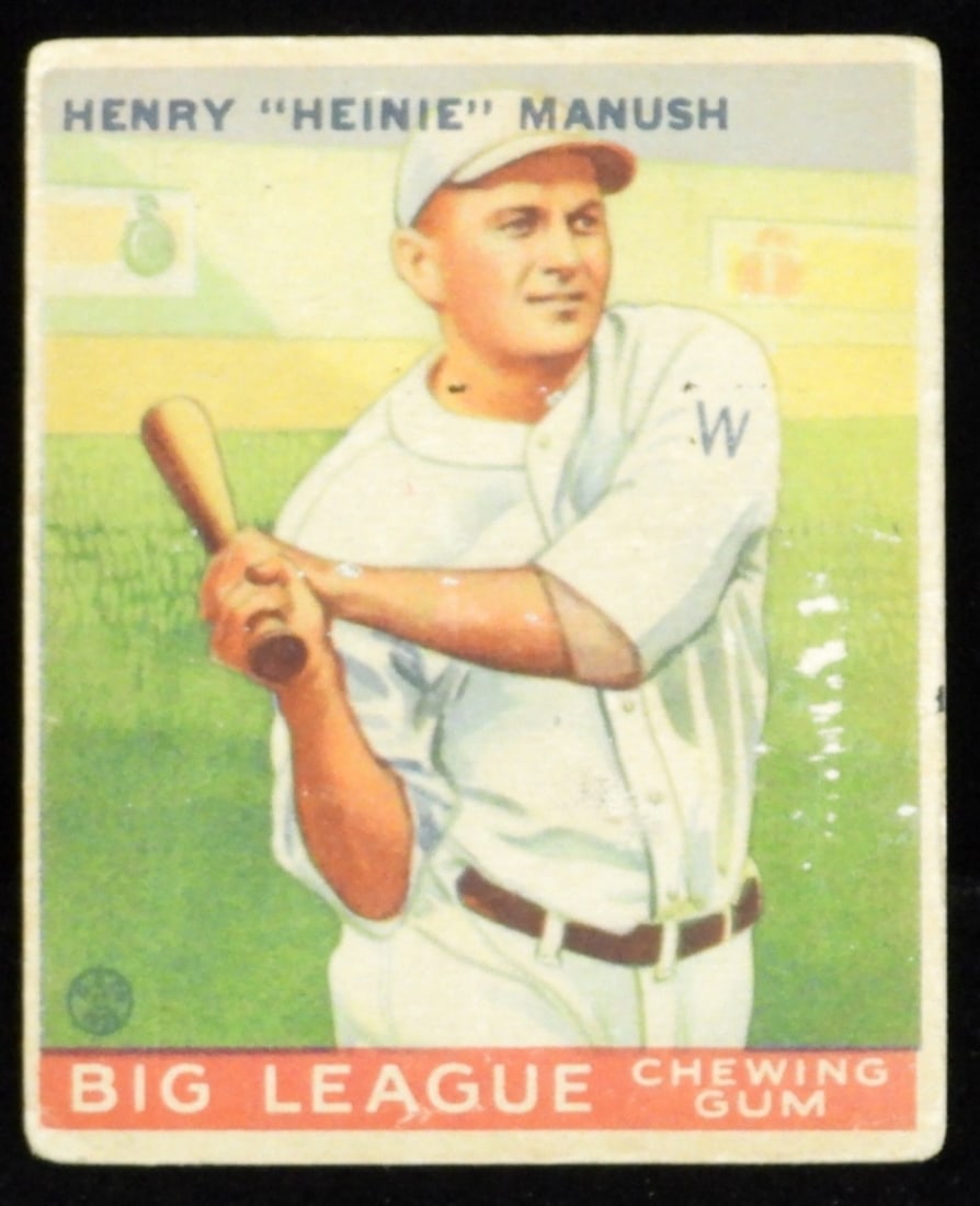 Henry Manush Big League Chewing Gum: No creasing, some color missing on the front. Rounded corners. Fair condition