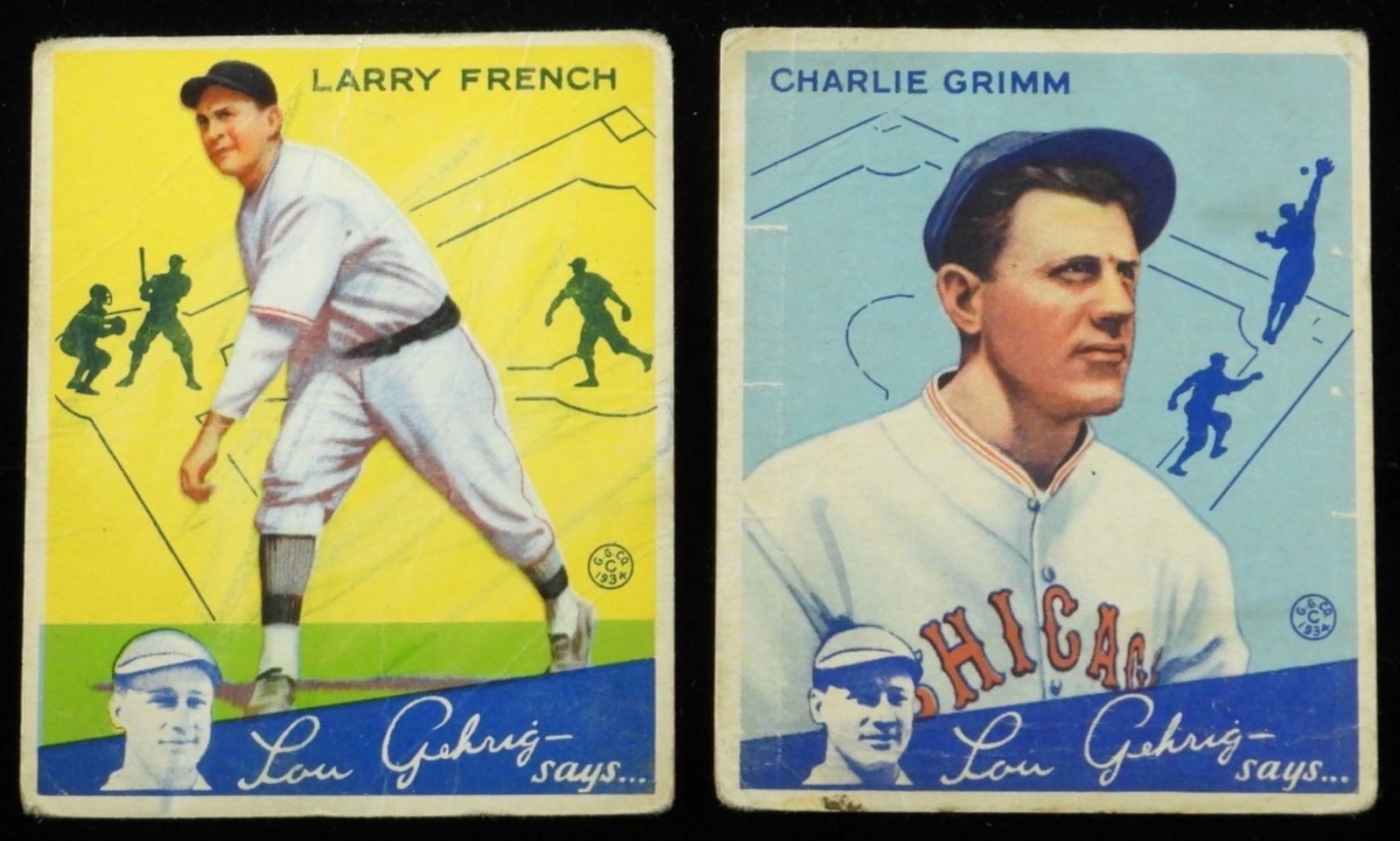 Charlie Grimm & Larry French Big League: Grimm has slight creasing's and rounded corners. French has drawing on it, plus creasing and rounded corners. Both in fair condition