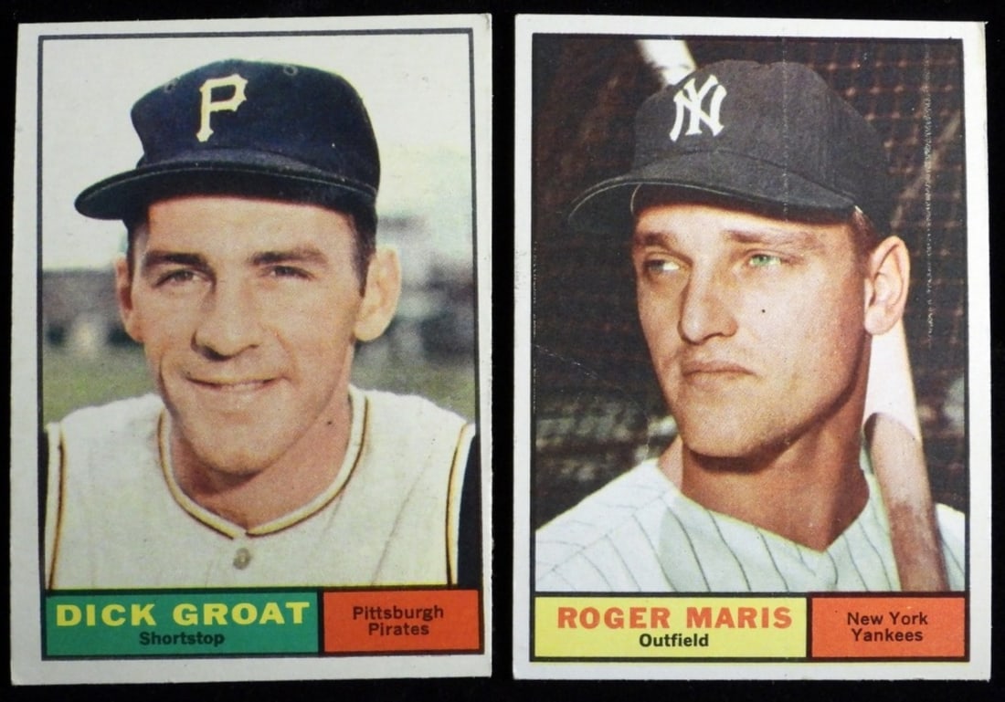 Dick Groat & Roger Maris Baseball Cards: Maris has some creasing, no rounded corners. Groat has no creasing but some slightly rounded corners. Both in good condition