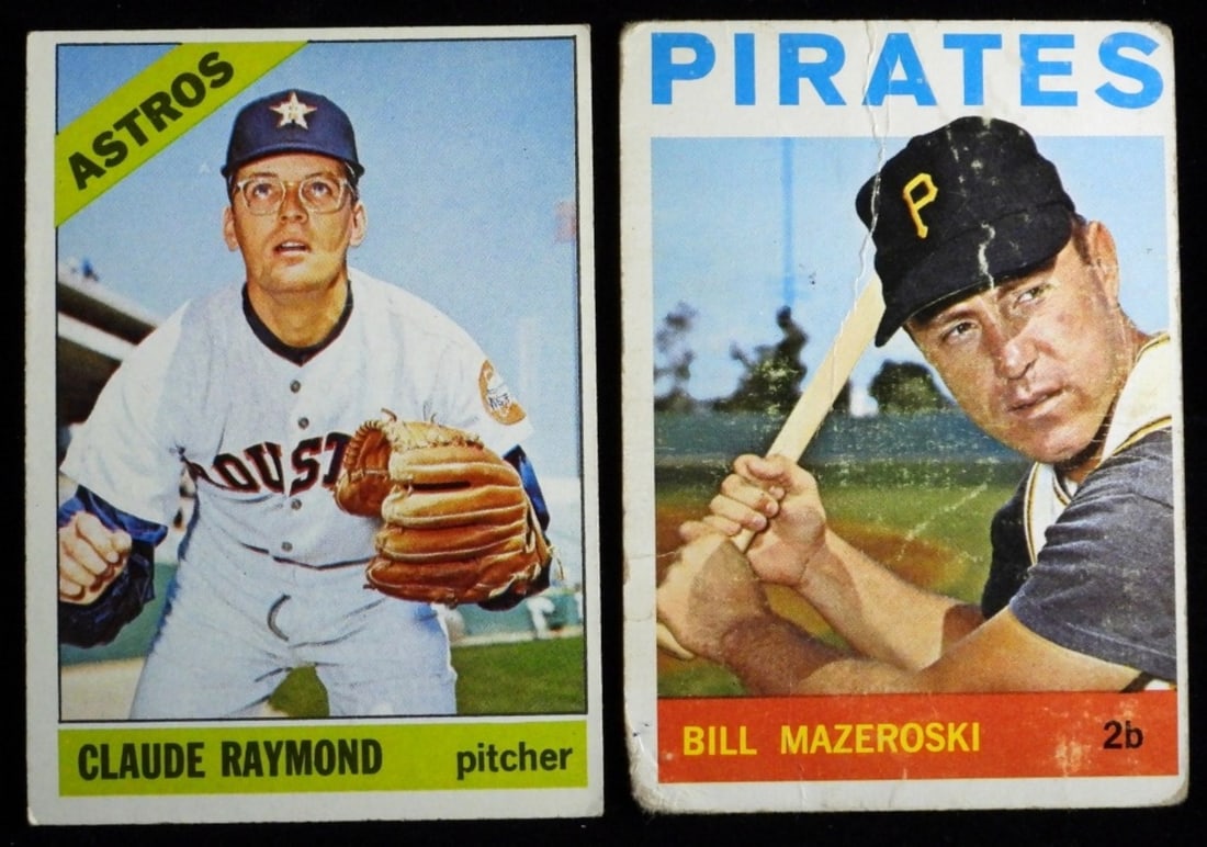 Bill Mazeroski & Claude Raymond TOPPS: Mazeroski is creased and corners are rounded. Raymond has no creases, slightly rounded corners. Mazeroski is in fair condition. Raymond is in good condition