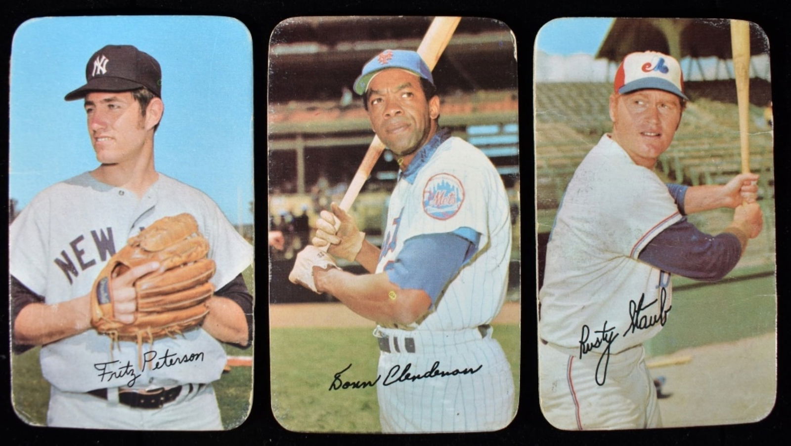 (3) TOPPS Baseball Cards: Rusty Staub, Donn Clendenon, and Fritz Peterson. All in good condition