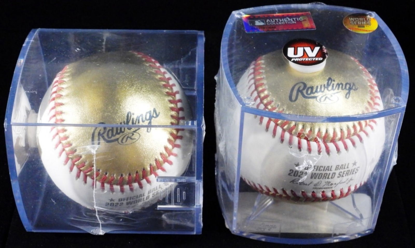 2021 & 2022 World Series Gold Baseball Sealed: Both balls are still factory sealed. 2021 World Series Dueling baseball: Astros Vs. The Atlanta Braves. The ball has a holographic sticker, Authentic Collection CL027915640. 2022 World Series