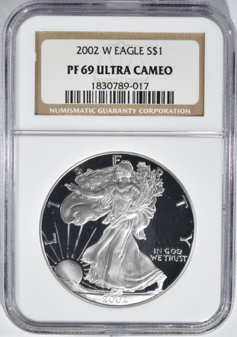 2002-W Am. Silver Eagle, NGC PF-69 Ultra Cameo: Follow us on Facebook, Instagram, X, and TikTok.