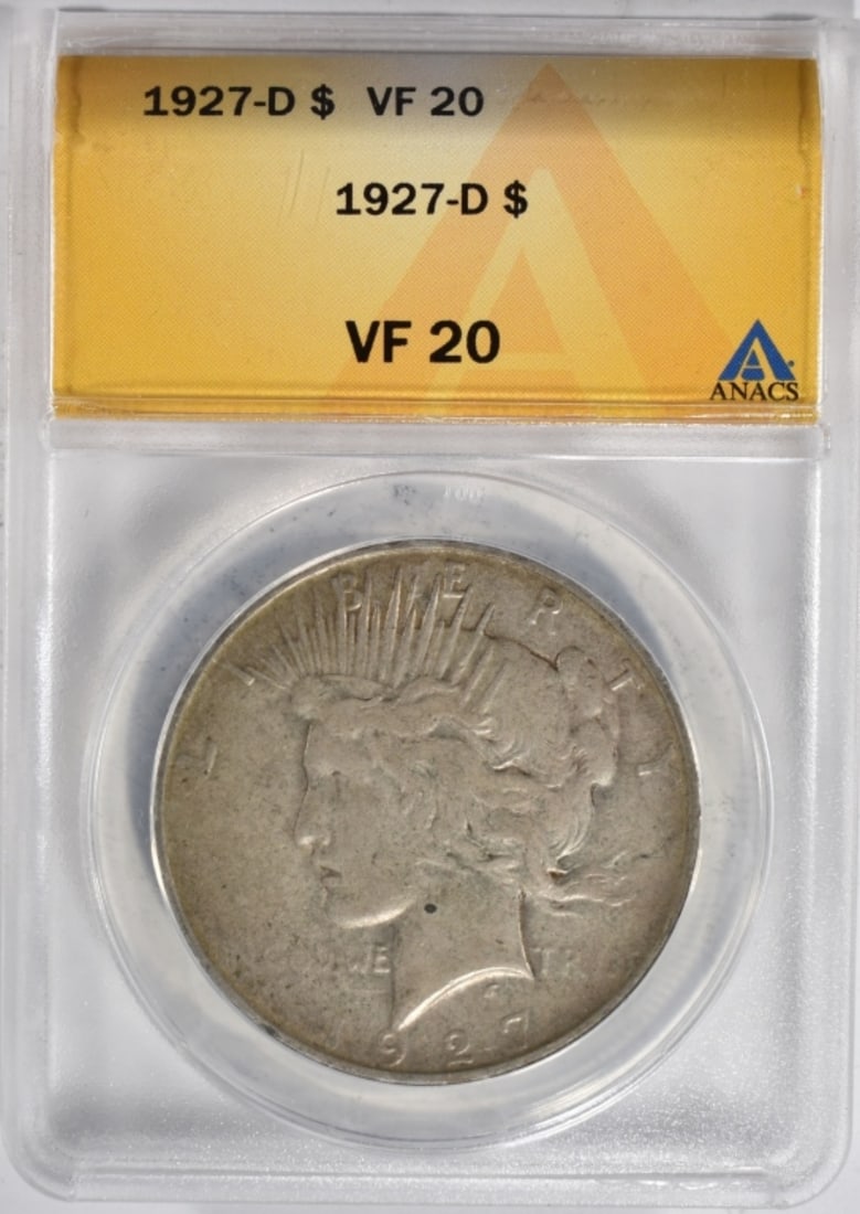 1927-D Peace Dollar, ANACS VF-20: Bid live now!