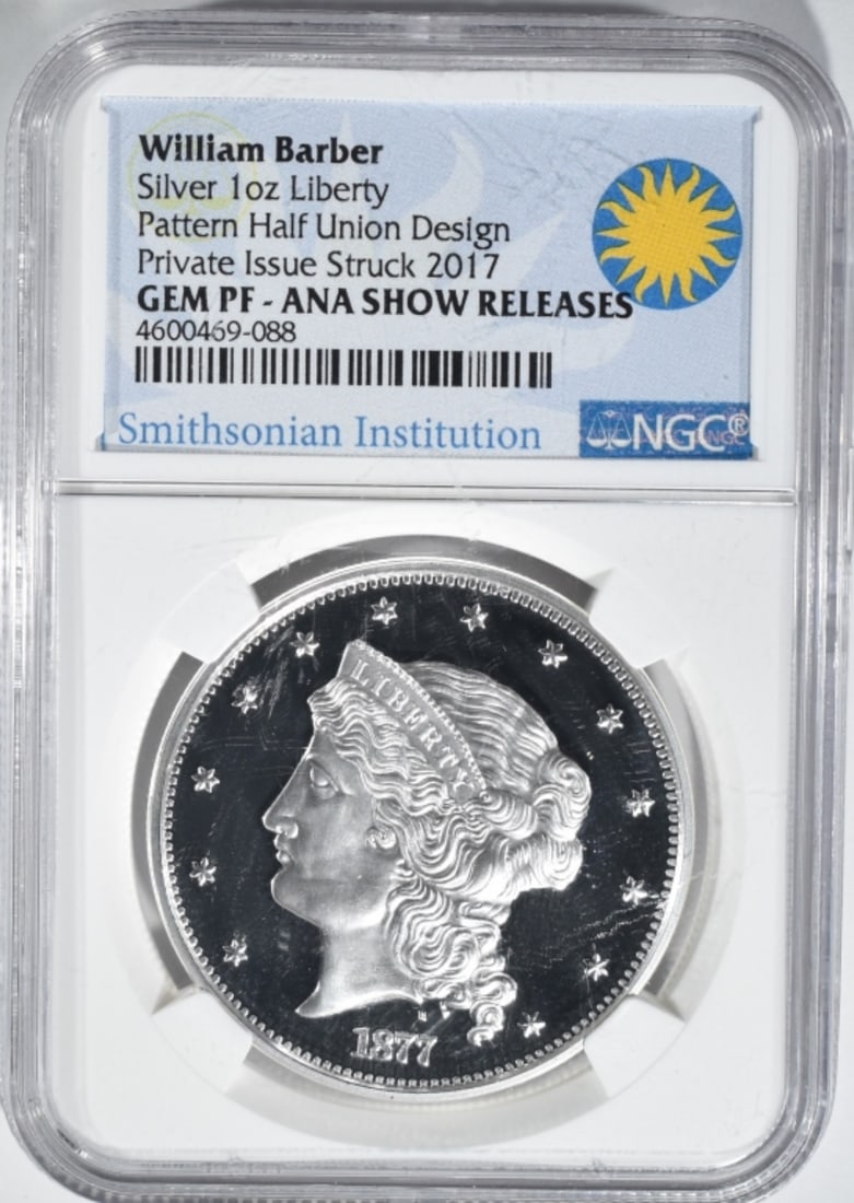 Silver 1oz Liberty, NGC GEM PF: Pattern Half Union. Private struck in 2017. ANA Show releases