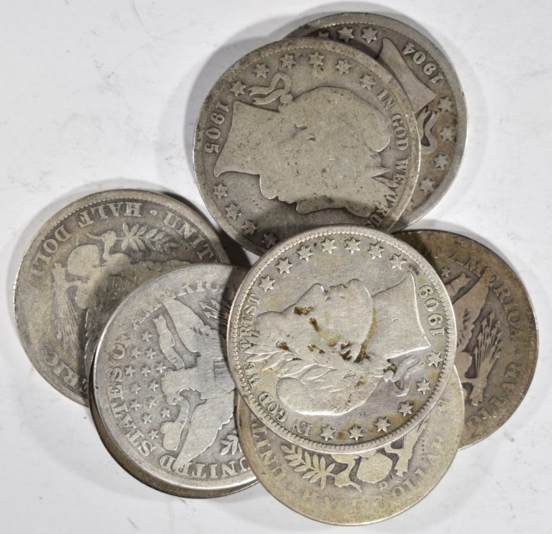 (8) Mixed Date Barber Halves 90% Silver: Bid Live Now