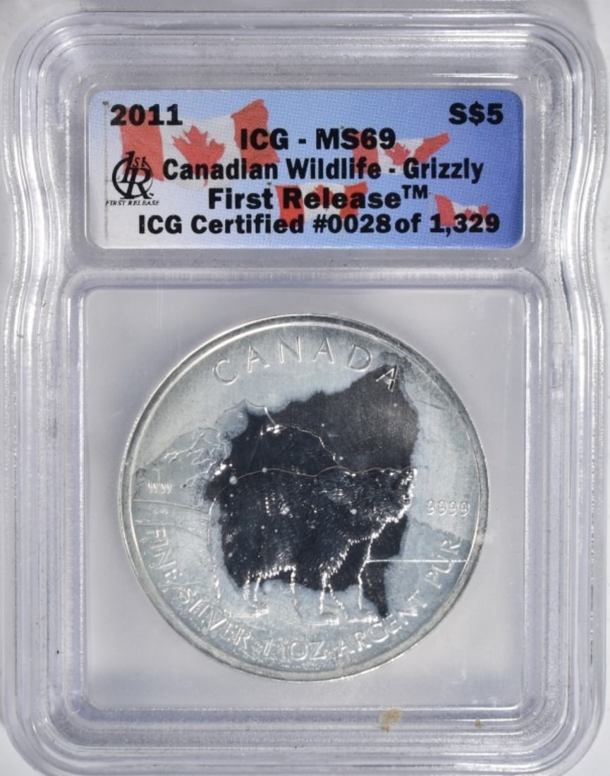2011 Canada 1oz Silver Grizzly, ICG MS-69: Firs Release