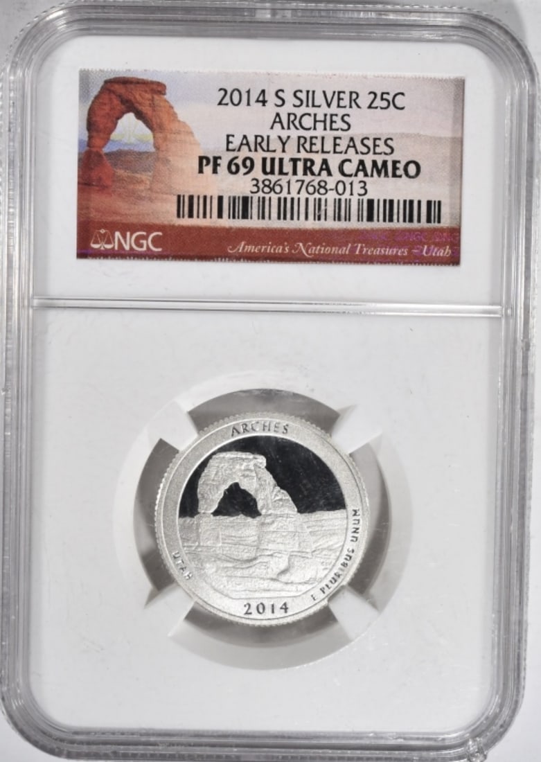 2014-S Silver Quarter, NGC PF-69 UC: Arches- Early Releases