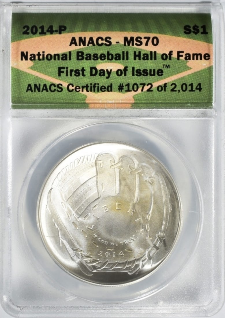 2014-P N'tnl Baseball HOF, ANACS MS-70: 1oz Silver First Day of Issue