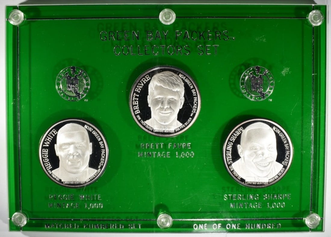 Green Bay Packers Silver Set- (3) 1oz Silver: Reggie White, Brett Favre, and Sterling Sharpe