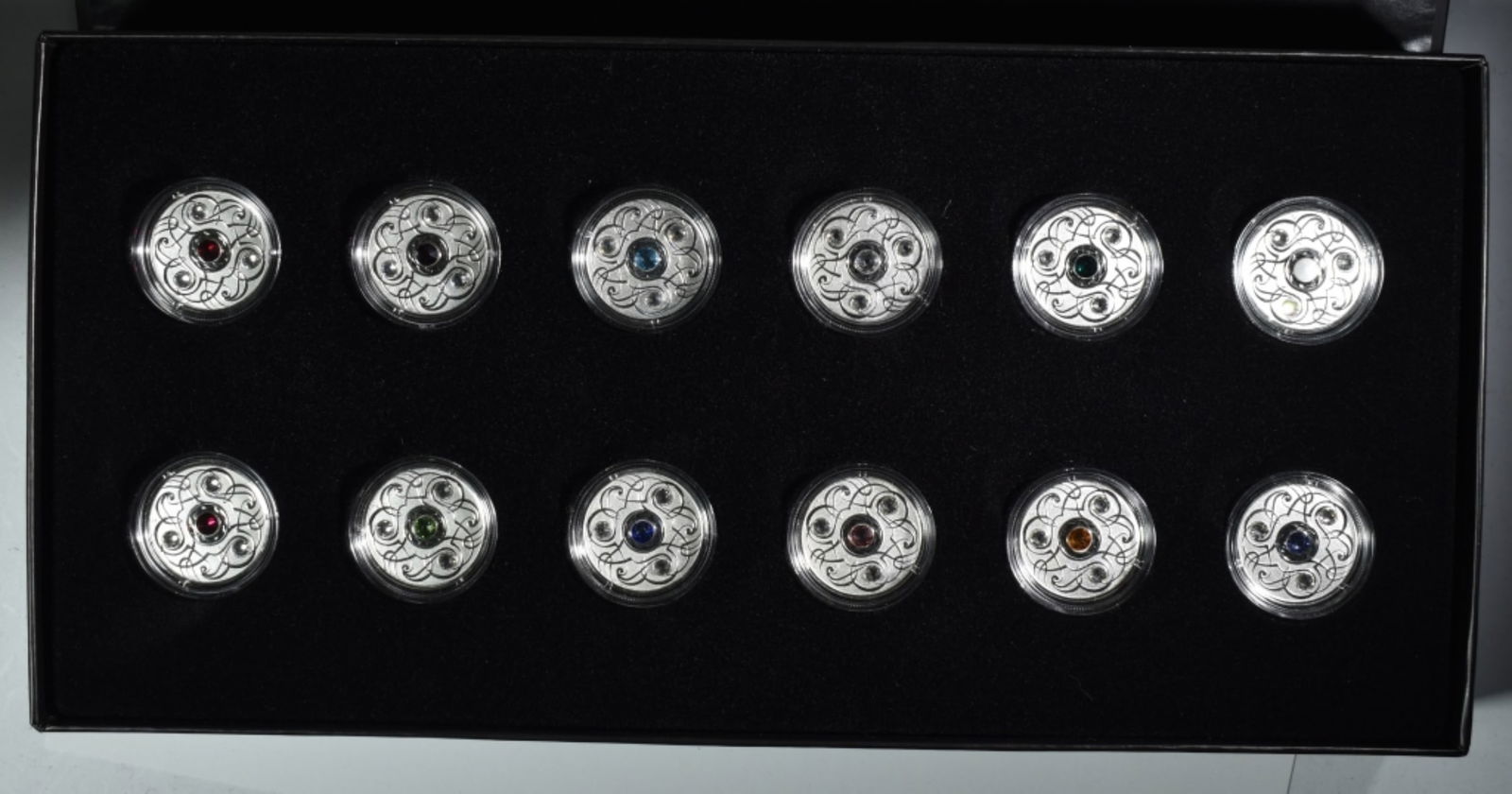 2020 999 Silver Birthstone Set in Box with COA: Includes 12 coins with stone for each month