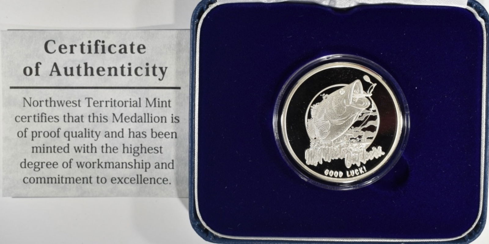 1oz .999 Large Mouth Bass Silver Round: Midwest Outdoors Good Luck Medalion. Helping people enjoy the outdoors. In Display box wih COA. Northwest Territorial Mint