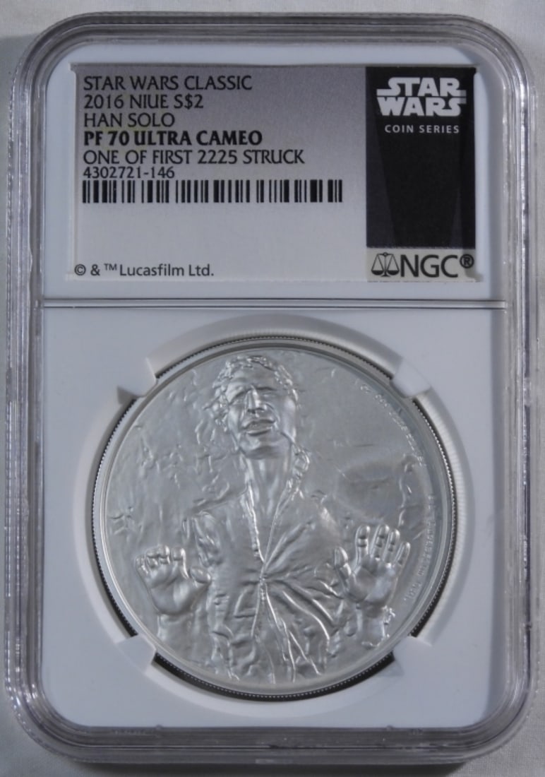 2016 Niue $2 Han Solo, NGC PF-70 UC: Star Wars classic. One of first 2225 struck
